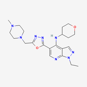 molecular formula C21H30N8O2 B1254527 1-ethyl-5-[5-[(4-methyl-1-piperazinyl)methyl]-1,3,4-oxadiazol-2-yl]-N-(tetrahydro-2H-pyran-4-yl)-1H-Pyrazolo[3,4-b]pyridin-4-amine 