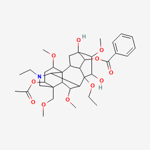 molecular formula C36H51NO11 B1255191 [14-Acetyloxy-8-ethoxy-11-ethyl-5,7-dihydroxy-6,16,18-trimethoxy-13-(methoxymethyl)-11-azahexacyclo[7.7.2.12,5.01,10.03,8.013,17]nonadecan-4-yl] benzoate 