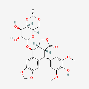 molecular formula C29H32O13 B1255264 (5S,5aR,8aR,9R)-5-[[(2R,4aR,7R,8R,8aS)-7,8-dihydroxy-2-methyl-4,4a,6,7,8,8a-hexahydropyrano[3,2-d][1,3]dioxin-6-yl]oxy]-9-(4-hydroxy-3,5-dimethoxyphenyl)-5a,6,8a,9-tetrahydro-5H-[2]benzofuro[6,5-f][1,3]benzodioxol-8-one 