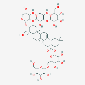 molecular formula C59H96O27 B1256026 [3,4,5-Trihydroxy-6-[[3,4,5-trihydroxy-6-(hydroxymethyl)oxan-2-yl]oxymethyl]oxan-2-yl] 10-[3-[3,5-dihydroxy-6-methyl-4-[3,4,5-trihydroxy-6-(hydroxymethyl)oxan-2-yl]oxyoxan-2-yl]oxy-4,5-dihydroxyoxan-2-yl]oxy-9-(hydroxymethyl)-2,2,6a,6b,9,12a-hexamethyl-1,3,4,5,6,6a,7,8,8a,10,11,12,13,14b-tetradecahydropicene-4a-carboxylate 