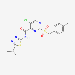 molecular formula C18H18ClN5O3S2 B1256434 5-chloro-2-[(4-methylphenyl)methylsulfonyl]-N-(5-propan-2-yl-1,3,4-thiadiazol-2-yl)-4-pyrimidinecarboxamide 