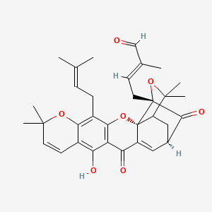 molecular formula C33H36O7 B1256671 (E)-4-[(2R,17R,19S)-12-hydroxy-8,8,21,21-tetramethyl-5-(3-methylbut-2-enyl)-14,18-dioxo-3,7,20-trioxahexacyclo[15.4.1.02,15.02,19.04,13.06,11]docosa-4(13),5,9,11,15-pentaen-19-yl]-2-methylbut-2-enal 