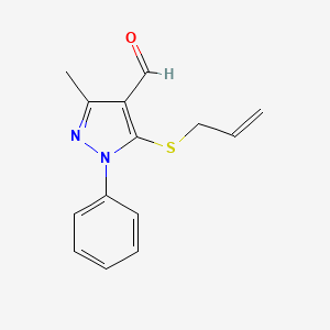 molecular formula C14H14N2OS B12567531 1H-Pyrazole-4-carboxaldehyde, 3-methyl-1-phenyl-5-(2-propenylthio)- CAS No. 160348-38-9