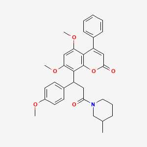 molecular formula C33H35NO6 B1256845 5,7-Dimethoxy-8-[1-(4-methoxyphenyl)-3-(3-methyl-1-piperidinyl)-3-oxopropyl]-4-phenyl-1-benzopyran-2-one 