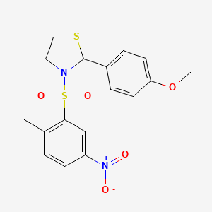 molecular formula C17H18N2O5S2 B12568977 2-(4-Methoxyphenyl)-3-(2-methyl-5-nitrobenzene-1-sulfonyl)-1,3-thiazolidine CAS No. 477515-89-2