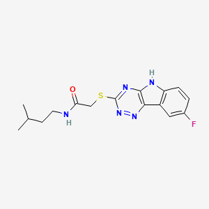 molecular formula C16H18FN5OS B12576213 Acetamide,2-[(8-fluoro-2H-1,2,4-triazino[5,6-B]indol-3-YL)thio]-N-(3-methylbutyl)- 