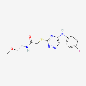 molecular formula C14H14FN5O2S B12583412 Acetamide,2-[(8-fluoro-2H-1,2,4-triazino[5,6-B]indol-3-YL)thio]-N-(2-methoxyethyl)- 