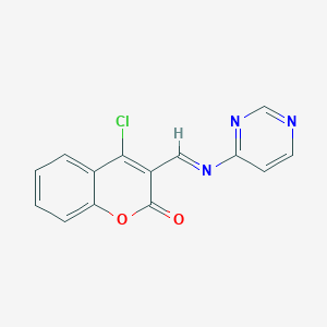 B12587728 4-Chloro-3-{(E)-[(pyrimidin-4-yl)imino]methyl}-2H-1-benzopyran-2-one CAS No. 877178-79-5