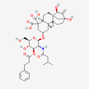 molecular formula C40H55NO13 B1258943 (1S,4R,7S,9R,10R,13R,15R)-13,15-dihydroxy-7-[(2R,3R,4R,5S,6R)-5-hydroxy-6-(hydroxymethyl)-3-(3-methylbutanoylamino)-4-(3-phenylpropanoyloxy)oxan-2-yl]oxy-9-methyl-14-methylidenetetracyclo[11.2.1.01,10.04,9]hexadecane-5,5-dicarboxylic acid 
