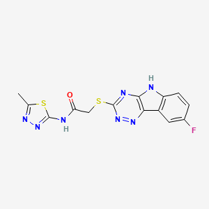 molecular formula C14H10FN7OS2 B12595294 Acetamide,2-[(8-fluoro-2H-1,2,4-triazino[5,6-B]indol-3-YL)thio]-N-(5-methyl-1,3,4-thiadiazol-2-YL)- 