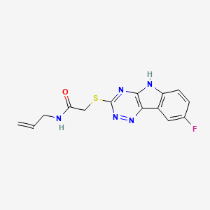 molecular formula C14H12FN5OS B12595678 Acetamide,2-[(8-fluoro-2H-1,2,4-triazino[5,6-B]indol-3-YL)thio]-N-2-allyl- 