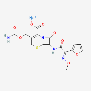 molecular formula C16H15N4NaO8S B1260015 钠(6R,7R)-3-[(氨基甲酰氧基)甲基]-7-[(2E)-2-(呋喃-2-基)-2-(甲氧基亚氨基)乙酰氨基]-8-氧代-5-硫代-1-氮杂双环[4.2.0]辛-2-烯-2-羧酸盐 