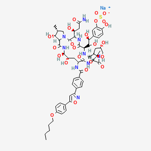 molecular formula C56H70N9NaO23S B1260057 sodium;[5-[(1S)-2-[(3R,6R,9R,11S,15R,20S,21R,24R,25R,26R)-3-[(1S)-3-amino-1-hydroxy-3-oxopropyl]-11,20,21,25-tetrahydroxy-15-[(1R)-1-hydroxyethyl]-26-methyl-2,5,8,14,17,23-hexaoxo-18-[[4-[5-(4-pentoxyphenyl)-1,2-oxazol-3-yl]benzoyl]amino]-1,4,7,13,16,22-hexazatricyclo[22.3.0.09,13]heptacosan-6-yl]-1,2-dihydroxyethyl]-2-hydroxyphenyl] sulfate 