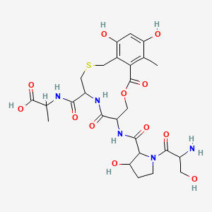 molecular formula C26H35N5O12S B1260197 2-[[8-[[1-(2-Amino-3-hydroxypropanoyl)-3-hydroxypyrrolidine-2-carbonyl]amino]-14,16-dihydroxy-13-methyl-7,11-dioxo-10-oxa-3-thia-6-azabicyclo[10.4.0]hexadeca-1(16),12,14-triene-5-carbonyl]amino]propanoic acid 