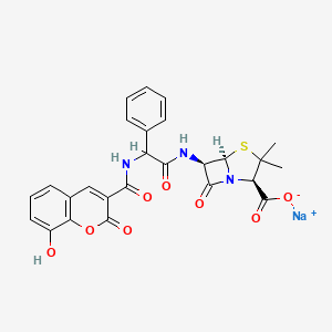 molecular formula C26H22N3NaO8S B1260444 Sodium;(2R,5R,6R)-6-[[2-[(8-hydroxy-2-oxochromene-3-carbonyl)amino]-2-phenylacetyl]amino]-3,3-dimethyl-7-oxo-4-thia-1-azabicyclo[3.2.0]heptane-2-carboxylate CAS No. 71344-34-8