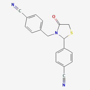 molecular formula C18H13N3OS B12605963 Benzonitrile, 4-[3-[(4-cyanophenyl)methyl]-4-oxo-2-thiazolidinyl]- CAS No. 918538-41-7