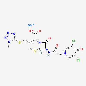 molecular formula C17H14Cl2N7NaO5S2 B1260991 5-Thia-1-azabicyclo(4.2.0)oct-2-ene-2-carboxylic acid, 7-(((3,5-dichloro-4-oxo-1(4H)-pyridinyl)acetyl)amino)-3-(((1-methyl-1H-tetrazol-5-yl)thio)methyl)-8-oxo-, monosodium salt, (6R-trans)- CAS No. 67763-92-2