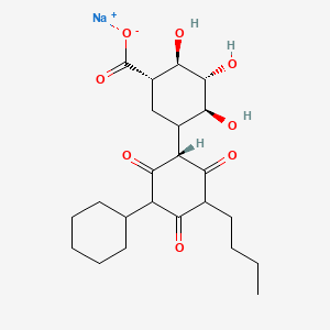 molecular formula C23H33NaO8 B1261044 beta-D-Glucopyranuronic acid, 1-(5-butyl-3-cyclohexyltetrahydro-2,4,6-trioxo-1(2H)pyrimidinyl)-1-deoxy-, monosodium salt CAS No. 98641-06-6