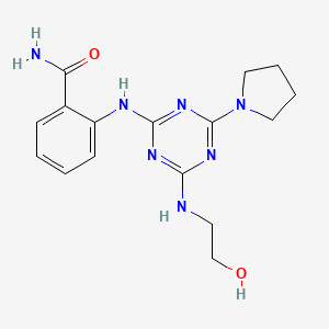 molecular formula C16H21N7O2 B1261562 2-[[4-(2-Hydroxyethylamino)-6-(1-pyrrolidinyl)-1,3,5-triazin-2-yl]amino]benzamide 