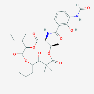 molecular formula C28H38N2O10 B1261605 N-[(6S,7R)-3-butan-2-yl-7,10,10-trimethyl-12-(2-methylpropyl)-2,5,9,11-tetraoxo-1,4,8-trioxacyclododec-6-yl]-3-formamido-2-hydroxybenzamide 