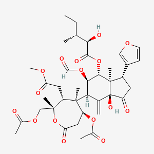 molecular formula C38H50O16 B1261655 [(3S,3aR,4R,5R,6R,7aS)-6-[(2S,3R,4R,5S)-5-acetyloxy-2-(acetyloxymethyl)-3-(2-methoxy-2-oxoethyl)-2,4-dimethyl-7-oxooxepan-4-yl]-5-formyloxy-3-(furan-3-yl)-7a-hydroxy-3a-methyl-7-methylidene-1-oxo-3,4,5,6-tetrahydro-2H-inden-4-yl] (2R,3R)-2-hydroxy-3-methylpentanoate 