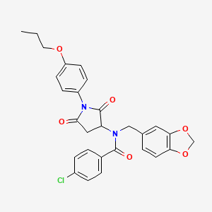 molecular formula C28H25ClN2O6 B12617540 N-(1,3-benzodioxol-5-ylmethyl)-4-chloro-N-[2,5-dioxo-1-(4-propoxyphenyl)pyrrolidin-3-yl]benzamide 