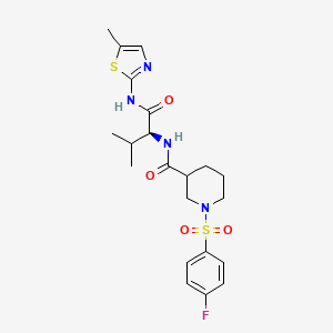 molecular formula C21H27FN4O4S2 B12620157 1-[(4-fluorophenyl)sulfonyl]-N-{(2S)-3-methyl-1-[(5-methyl-1,3-thiazol-2-yl)amino]-1-oxobutan-2-yl}piperidine-3-carboxamide 