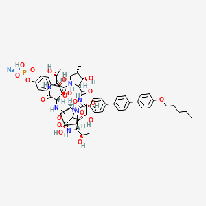 molecular formula C58H73N7NaO20P B1262047 N-(1,4,7,13,16,22-Hexaaza-3,15-bis(hydroxyethyl)-6-(1,2-dihydroxy-2-(4-(phosphonooxy)phenyl)ethyl)-11,20,21,25-tetrahydroxy-26-methyl-2,5,8,14,17,23-hexaoxotricyclo[22.3.0.0<9,13>]heptacos-18-yl)(4-(4-(4-pentyloxyphenyl)phenyl)phenyl)formamide, sodium salt 