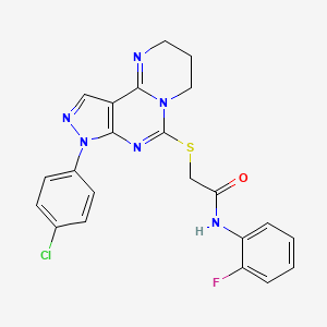 2-((8-(4-chlorophenyl)-2,3,4,8-tetrahydropyrazolo[4,3-e]pyrimido[1,2-c]pyrimidin-6-yl)thio)-N-(2-fluorophenyl)acetamide