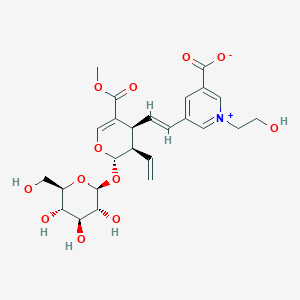 molecular formula C25H31NO12 B1262472 5-[(E)-2-[(2S,3R,4S)-3-ethenyl-5-methoxycarbonyl-2-[(2S,3R,4S,5S,6R)-3,4,5-trihydroxy-6-(hydroxymethyl)oxan-2-yl]oxy-3,4-dihydro-2H-pyran-4-yl]ethenyl]-1-(2-hydroxyethyl)pyridin-1-ium-3-carboxylate 