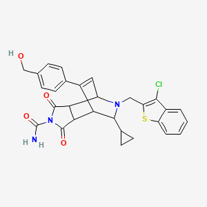 molecular formula C29H26ClN3O4S B1262491 8-[(3-氯-1-苯并噻吩-2-基)甲基]-9-环丙基-10-[4-(羟甲基)苯基]-3,5-二氧代-4,8-二氮三环[5.2.2.02,6]十一-10-烯-4-甲酰胺 
