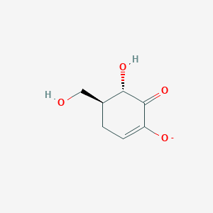 molecular formula C7H9O4- B1262533 (4S,5S)-5-hydroxy-4-(hydroxymethyl)-6-oxocyclohex-1-en-1-olate 