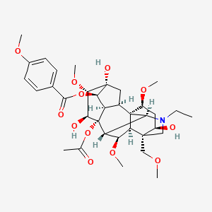 molecular formula C35H49NO12 B1262735 [(1S,2R,3R,4R,5R,6S,7S,8R,9R,10S,13R,14R,16S,17S,18R)-8-acetyloxy-11-ethyl-5,7,14-trihydroxy-6,16,18-trimethoxy-13-(methoxymethyl)-11-azahexacyclo[7.7.2.12,5.01,10.03,8.013,17]nonadecan-4-yl] 4-methoxybenzoate 