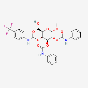 molecular formula C29H28F3N3O9 B1262779 N-phenylcarbamic acid [(2R,3R,4S,5R,6S)-5-[anilino(oxo)methoxy]-2-(hydroxymethyl)-6-methoxy-3-[oxo-[4-(trifluoromethyl)anilino]methoxy]-4-oxanyl] ester 