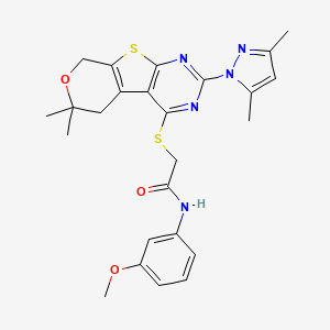 molecular formula C25H27N5O3S2 B12633542 2-[[5-(3,5-dimethylpyrazol-1-yl)-12,12-dimethyl-11-oxa-8-thia-4,6-diazatricyclo[7.4.0.02,7]trideca-1(9),2(7),3,5-tetraen-3-yl]sulfanyl]-N-(3-methoxyphenyl)acetamide 