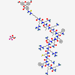 molecular formula C133H192F3N37O27S2 B12635343 (2S)-N-[(2S,3S)-1-[[(2S)-6-amino-1-[[(2S,3S)-1-[[(2S)-1-[[(2S)-1-[[(2S)-5-amino-1-[[(2S)-4-amino-1-[[(2S)-1-[[(2S)-1-[[(2S)-1-[[(2S)-6-amino-1-[[(2S)-1-[[(2S)-6-amino-1-[[(2S)-1,6-diamino-1-oxohexan-2-yl]amino]-1-oxohexan-2-yl]amino]-3-(1H-indol-3-yl)-1-oxopropan-2-yl]amino]-1-oxohexan-2-yl]amino]-4-methylsulfanyl-1-oxobutan-2-yl]amino]-5-carbamimidamido-1-oxopentan-2-yl]amino]-5-carbamimidamido-1-oxopentan-2-yl]amino]-1,4-dioxobutan-2-yl]amino]-1,5-dioxopentan-2-yl]amino]-1-oxo-3-phenylpropan-2-yl]amino]-3-(1H-indol-3-yl)-1-oxopropan-2-yl]amino]-3-methyl-1-oxopentan-2-yl]amino]-1-oxohexan-2-yl]amino]-3-methyl-1-oxopentan-2-yl]-2-[[(2S)-5-carbamimidamido-2-[6-[(3',6'-dihydroxy-3-oxospiro[2-benzofuran-1,9'-xanthene]-5-yl)carbamothioylamino]hexanoylamino]pentanoyl]amino]pentanediamide;2,2,2-trifluoroacetic acid 