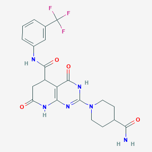 molecular formula C21H21F3N6O4 B12635795 2-(4-carbamoylpiperidin-1-yl)-4,7-dioxo-N-[3-(trifluoromethyl)phenyl]-3,4,5,6,7,8-hexahydropyrido[2,3-d]pyrimidine-5-carboxamide 