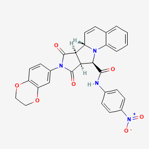 molecular formula C29H22N4O7 B12637354 (10S,11R,15S,16R)-13-(2,3-dihydro-1,4-benzodioxin-6-yl)-N-(4-nitrophenyl)-12,14-dioxo-1,13-diazatetracyclo[8.6.0.02,7.011,15]hexadeca-2,4,6,8-tetraene-16-carboxamide 