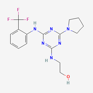 molecular formula C16H19F3N6O B1263849 2-[[4-(1-Pyrrolidinyl)-6-[2-(trifluoromethyl)anilino]-1,3,5-triazin-2-yl]amino]ethanol 