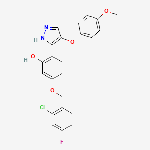 molecular formula C23H18ClFN2O4 B12640284 5-[(2-chloro-4-fluorobenzyl)oxy]-2-[4-(4-methoxyphenoxy)-1H-pyrazol-5-yl]phenol 