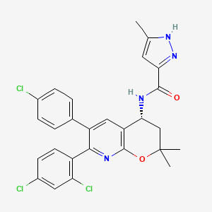 molecular formula C27H23Cl3N4O2 B1264437 N-((4R)-6-(4-chlorophenyl)-7-(2,4-dichlorophenyl)-2,2-dimethyl-3,4-dihydro-2H-pyrano[2,3-b]pyridin-4-yl)-5-methyl-1H-pyrazole-3-carboxamide 