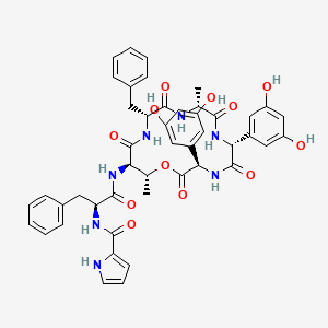 molecular formula C46H47N7O12 B1264475 N-[(2S)-1-[[(3R,6R,9R,12R,15R,16R)-12-benzyl-3,6-bis(3,5-dihydroxyphenyl)-9,16-dimethyl-2,5,8,11,14-pentaoxo-1-oxa-4,7,10,13-tetrazacyclohexadec-15-yl]amino]-1-oxo-3-phenylpropan-2-yl]-1H-pyrrole-2-carboxamide 