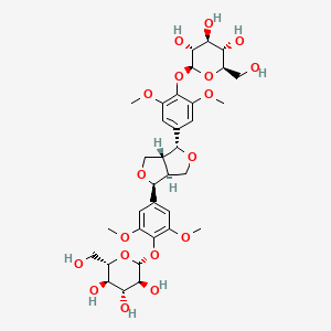 molecular formula C34H46O18 B1264726 (2S,3R,4S,5S,6R)-2-[4-[(3R,3Ar,6S,6aS)-6-[3,5-dimethoxy-4-[(2R,3S,4R,5R,6S)-3,4,5-trihydroxy-6-(hydroxymethyl)oxan-2-yl]oxyphenyl]-1,3,3a,4,6,6a-hexahydrofuro[3,4-c]furan-3-yl]-2,6-dimethoxyphenoxy]-6-(hydroxymethyl)oxane-3,4,5-triol 