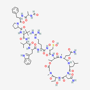 molecular formula C76H114N20O22S B12662850 3-[[9-(2-amino-2-oxoethyl)-15-(3-amino-3-oxopropyl)-6-(1-hydroxyethyl)-4,16,19-trimethyl-12-(2-methylpropyl)-2,5,8,11,14,17-hexaoxo-1-oxa-4,7,10,13,16-pentazacyclononadec-18-yl]amino]-2-[[5-(diaminomethylideneamino)-2-[[2-[[2-[[2-[[1-[2-(2-formamidopropanoylamino)-3-phenylpropanoyl]pyrrolidine-2-carbonyl]amino]-3,3-dimethylbutanoyl]amino]-3-methylbutanoyl]amino]-3-(1H-indol-3-yl)propanoyl]amino]pentanoyl]amino]-3-oxopropane-1-sulfonic acid CAS No. 96182-34-2