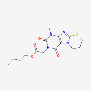 molecular formula C15H20N4O4S B12690600 6H-(1,3)Thiazino(2,3-f)purine-3(2H)-acetic acid, 1,4,7,8-tetrahydro-2,4-dioxo-1-methyl-, butyl ester CAS No. 178452-78-3