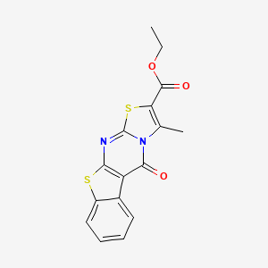 molecular formula C16H12N2O3S2 B12694854 5H-(1)Benzothieno(2,3-d)thiazolo(3,2-a)pyrimidine-2-carboxylic acid, 3-methyl-5-oxo-, ethyl ester CAS No. 122945-79-3