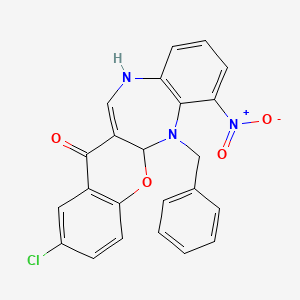 molecular formula C23H16ClN3O4 B12695089 (1)Benzopyrano(2,3-b)(1,5)benzodiazepin-13(5ah)-one, 6,11-dihydro-2-chloro-7-nitro-6-(phenylmethyl)- CAS No. 119707-43-6