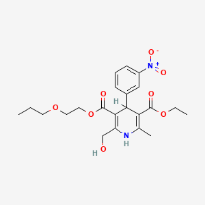 molecular formula C22H28N2O8 B12699638 3,5-Pyridinedicarboxylic acid, 1,4-dihydro-2-(hydroxymethyl)-6-methyl-4-(3-nitrophenyl)-, 5-ethyl 3-(2-propoxyethyl) ester CAS No. 85387-06-0