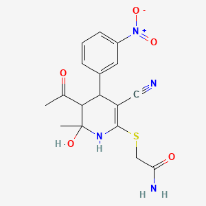 Acetamide, 2-((5-acetyl-3-cyano-1,4,5,6-tetrahydro-6-hydroxy-6-methyl-4-(3-nitrophenyl)-2-pyridinyl)thio)-