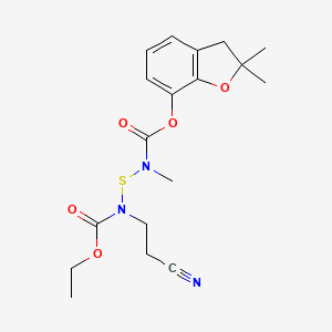 molecular formula C18H23N3O5S B12699962 6-Oxa-3-thia-2,4-diazaoctanoic acid, 4-(2-cyanoethyl)-2-methyl-5-oxo-, 2,3-dihydro-2,2-dimethyl-7-benzofuranyl ester CAS No. 82560-83-6